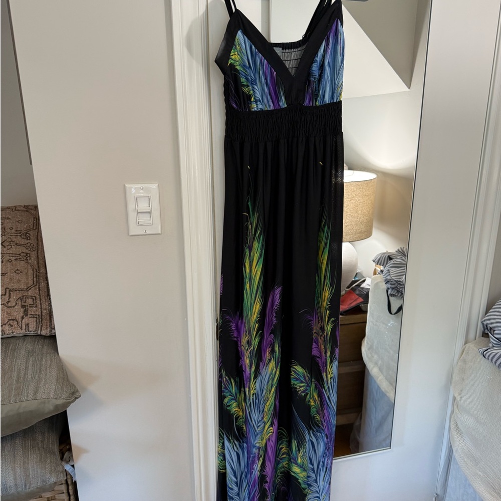 Colorful Feather Print Maxi Dress